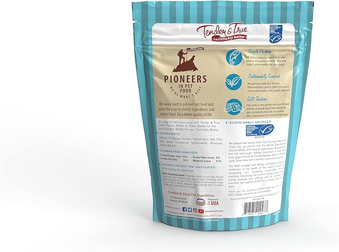 Tender & True Pet Nutrition Sustainable Salmon Recipe Jerky blue bag 4 ounces (Pack of 2)