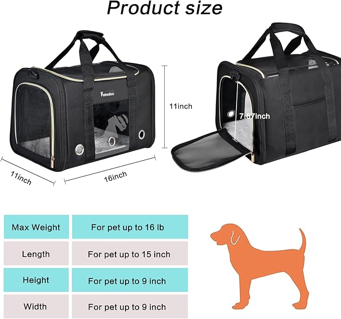 Petmolico Cat Carrier Dog Carrier, Airline Approved Soft Pet Travel Carrier with 3 Open Doors Mesh Windows for Cats Puppy 16 lbs, Black