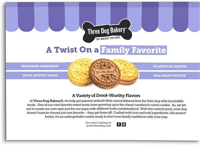 Three Dog Bakery Lick'n Crunch Sandwich Cookies Premium Dog Treats with No Artificial Flavors, Carob/Peanut Butter, Golden/Vanilla, 39 Ounces (Pack of 1)