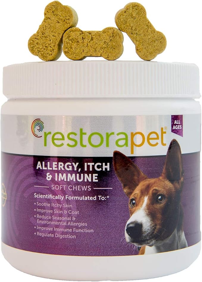 RestoraPet Allergy, Itch & Immune Soft Chews - Natural Supplement for Dogs - Support Immunity, Soothe Skin Irritation, Improve Coat Quality – with Lactoferrin, Colostrum & Omega 3-60 Bacon Chewables