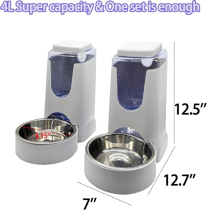 Pets Automatic Gravity Feeder Dogs 2.8L Food & 4L Water Dispenser Set with Stainless Steel Bowl for Small Medium Big Puppy Kitten(Light Gray)