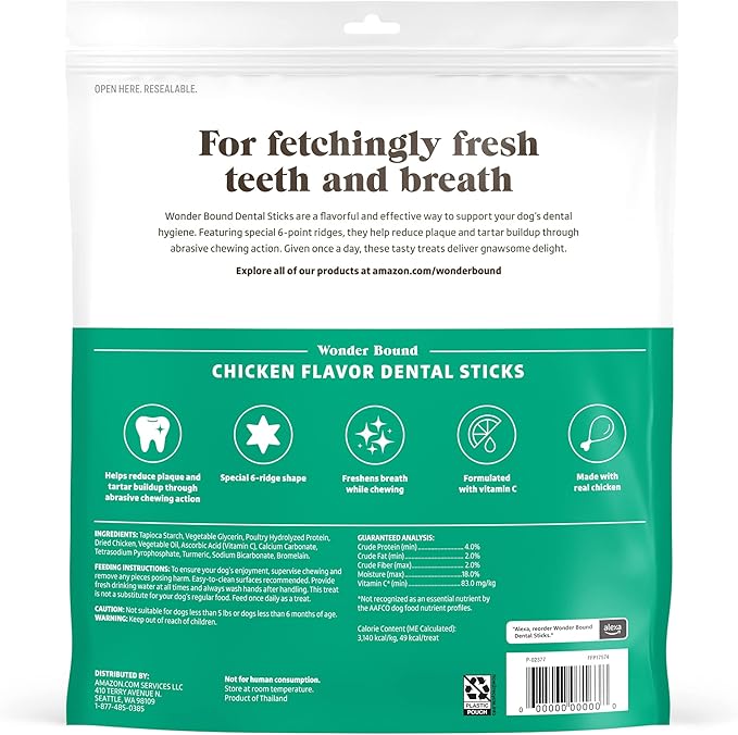 Amazon Brand - Wonder Bound Chicken Flavor Dental Sticks for Small/Medium Dogs (15-40 lbs), 6-Ridge Shape for Plaque & Tartar Control, Freshens Breath, Made With Real Chicken, 45 Count (Pack of 1)