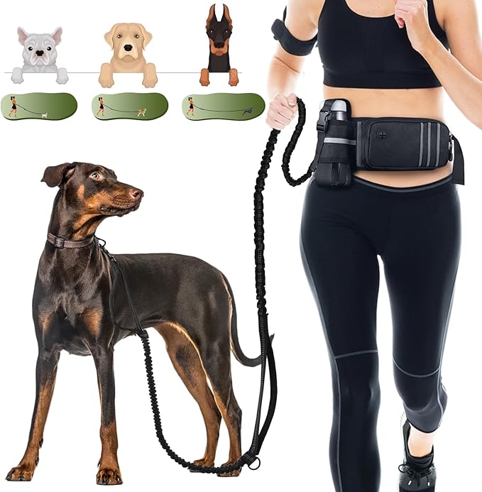 Hands Free Dog Leash with Updated Zipper Pouch, Waist Leash for Medium and Large Dogs Walking, Dual-Handle Reflective Waist Belt Dog Leash for Running Walking Jogging Hiking (25-120 lbs)