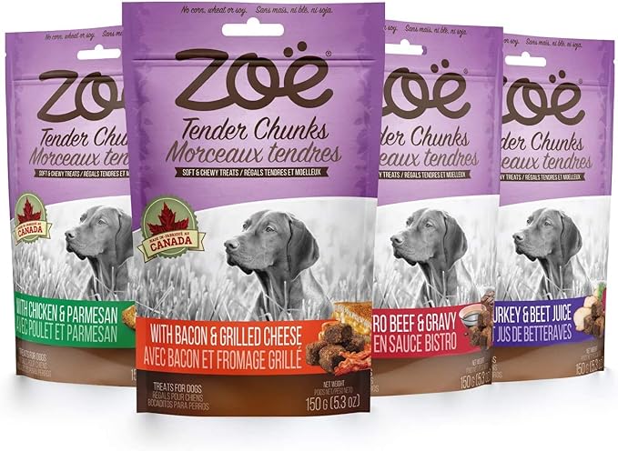 Zoe Tender Chunks for Dogs, All Natural Dog Treats, Grain-Free, Cheese and Bacon Recipe, 5.3 oz., 92043