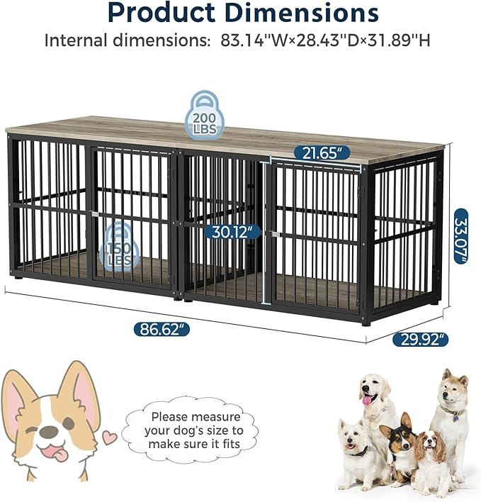 86.62''Dog Crate Furniture Large Breed TV Stand with Double Rooms,Wooden Dog Kennel Dog Crate End Table with Removable Divider for Large Medium Dogs, Can Use Separately