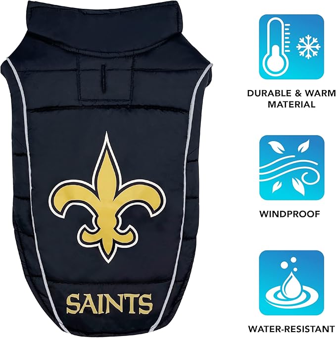 NFL New Orleans Saints Puffer Vest for Dogs & Cats, Size Large. Warm, Cozy, and Waterproof Dog Coat, for Small and Large Dogs/Cats. Best NFL Licensed PET Warming Sports Jacket