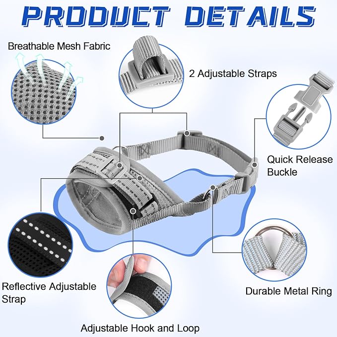 Dog Muzzle Soft Air Mesh Muzzle for Large Dogs, Adjustable Pet Muzzle for Small Medium Dogs to Drink Normally, Breathable Reflective Muzzle for Dogs to Prevent Biting Barking(Grey,L-10)