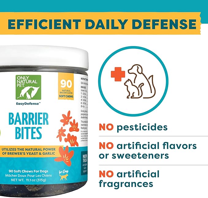 Only Natural Pet EasyDefense Barrier Bites Soft Flea Chews for Dogs - First Line of Defense Againts Fleas & Ticks, Boosts Immune System and Healthy Skin & Coat - (90 Bacon Flavored Soft Chews) 2 Pack