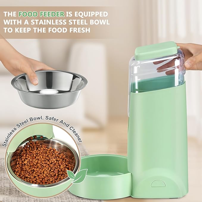 2 Pack Automatic Cat Feeder and Water Dispenser with Stainless Steel Dog Bowl Gravity Self Feeding for Small Medium Pets Puppy Kitten 1 Gallon x 2 (Pink) (green)