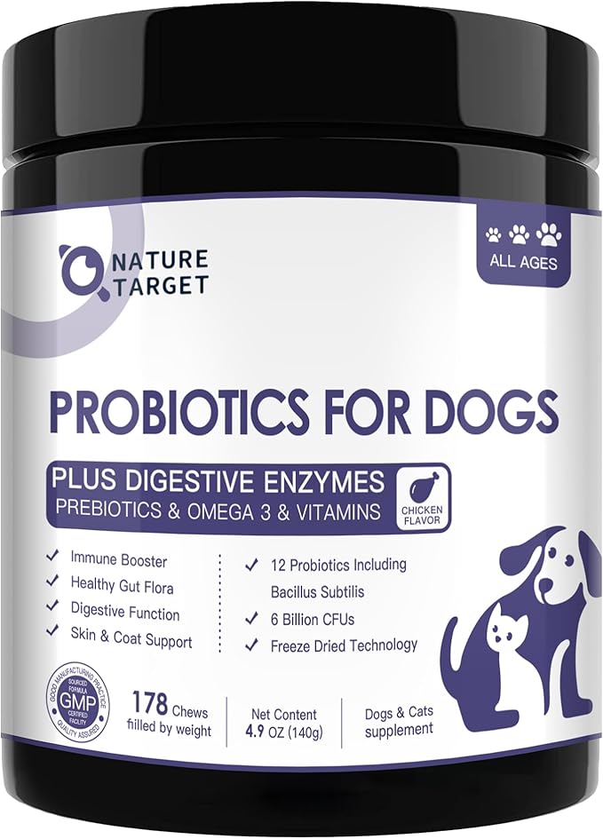Probiotics for Dogs, 6 Billion CFUs, Freeze Dried Dog Probiotics with Prebiotics and Digestive Enzymes, Vitamins and Omega 3, for Gut & Skin & Immune Health, Allergy Itch Relief, Reduce Diarrhea, Gas