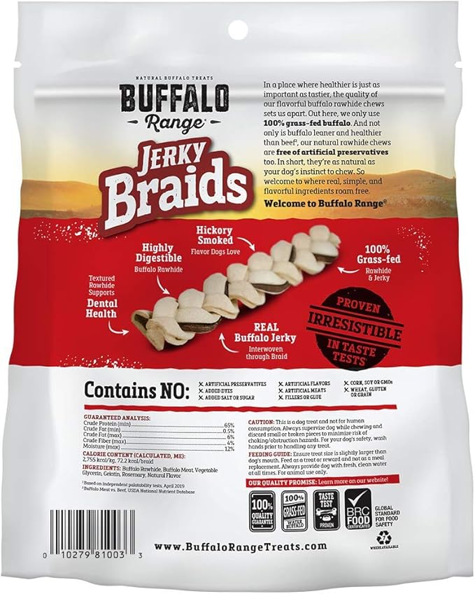 Rawhide Dog Treats | Healthy, Grass-Fed Buffalo Jerky Raw Hide Chews | Hickory Smoked Flavor | Jerky Braids, 10 Count