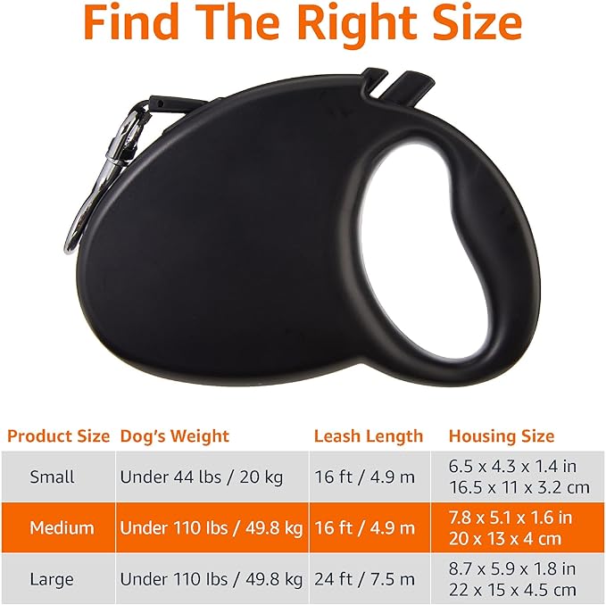Amazon Basics Retractable Dog Leash, Medium - 16ft, Black