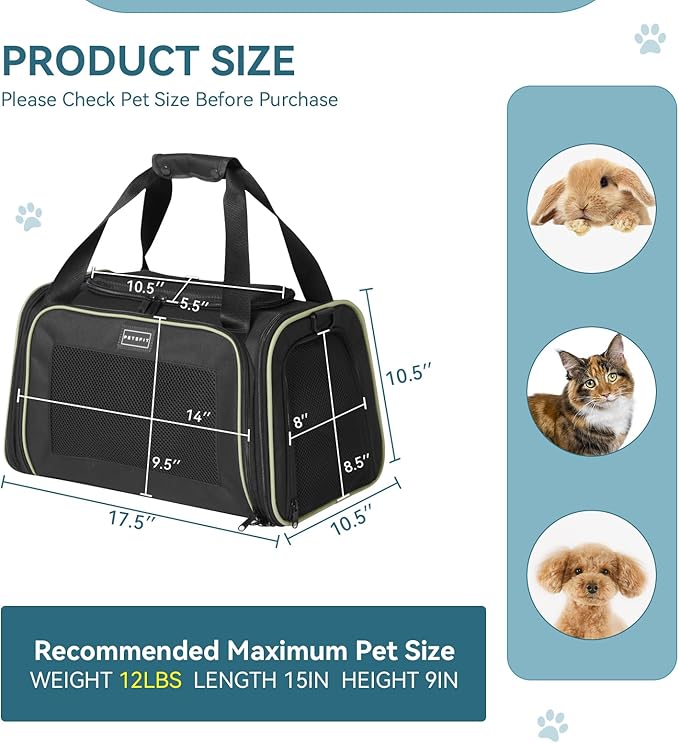 PETSFIT Dog Carrier, Pet Carrier Airline Approved with Extendable Mat, Dog Carriers for Small Dogs, TSA Approved Pet Carrier, Puppy Carrier for Small and Medium Cats Under 12 Lbs, Black