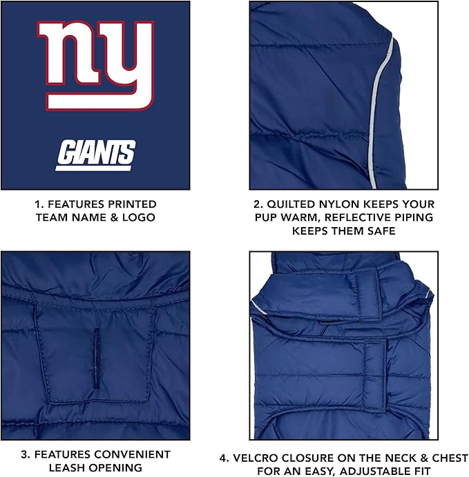 NFL New York Giants Puffer Vest for Dogs & Cats, Size Large. Warm, Cozy, and Waterproof Dog Coat, for Small and Large Dogs/Cats. Best NFL Licensed PET Warming Sports Jacket
