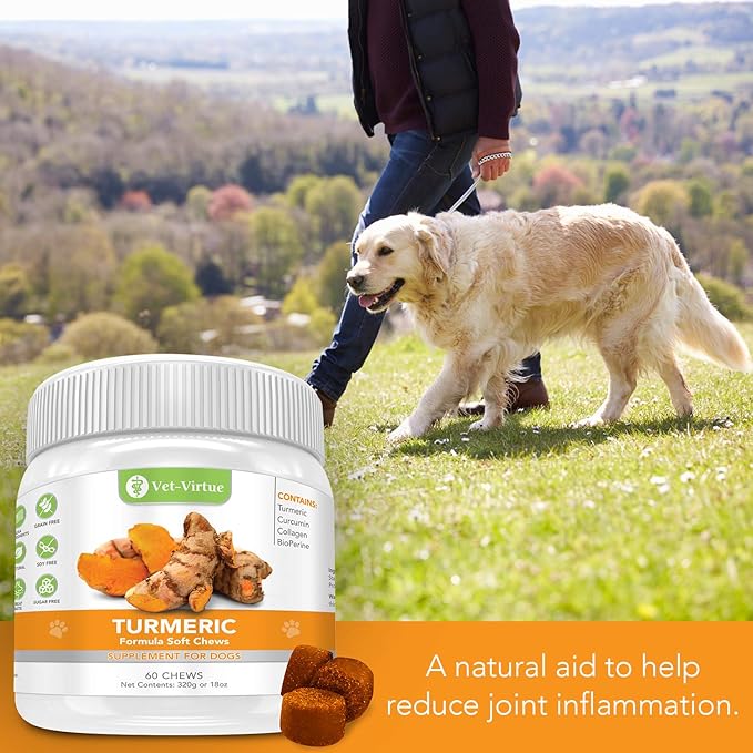 Turmeric for Dogs - Organic Turmeric with Curcumin, Hip and Joint Supplement Dogs Soft Chew, with Collagen and Bioprene, High Absorption Eliminates Joint Pain Inflammation - 60 Count