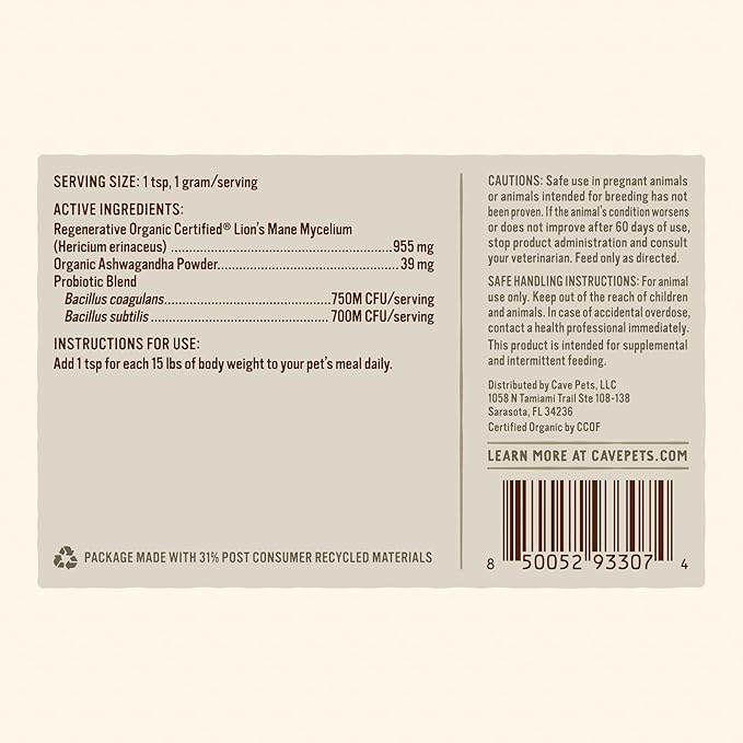 Super Blend Powder, Mushroom Mycelium and Dog Probiotic Supplement for Brain and Digestive Health Support, Lion’s Mane & Probiotic, Lion's Mane + Probiotics
