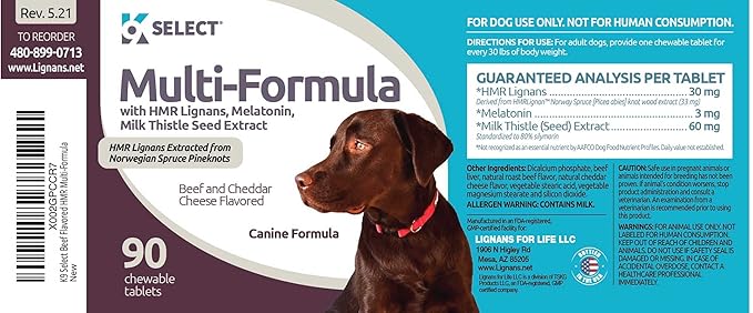 Multi-Formula Dog Vitamins with 30mg HMR Lignans, 3mg Melatonin for Large Dogs, 60mg Milk Thistle - 90 Tablets - Pet Melatonin for Dogs, Beef Flavor