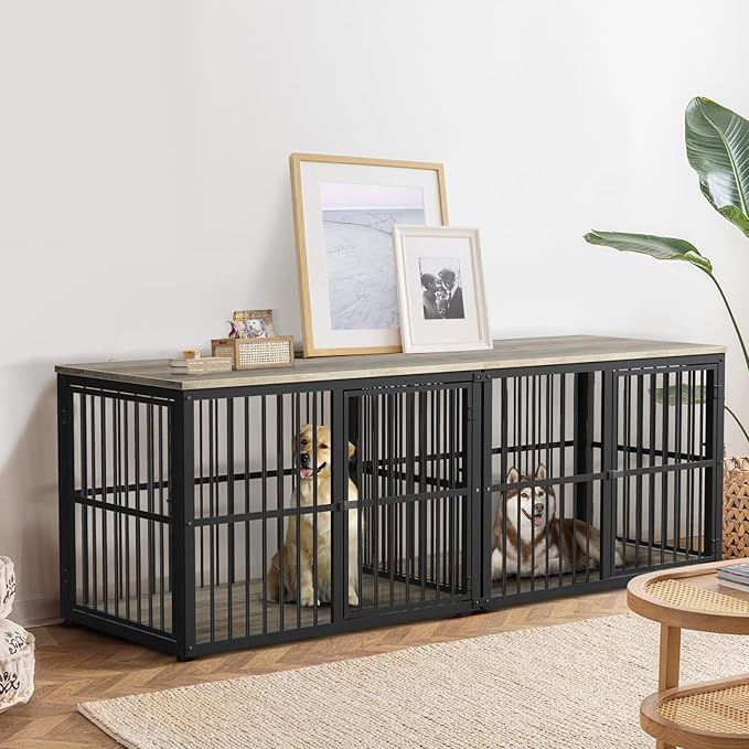 77.64''Dog Crate Furniture Large Breed TV Stand with Double Rooms,Wooden Dog Kennel Dog Crate End Table with Removable Divider for Large Medium Dogs, Can Use Separately