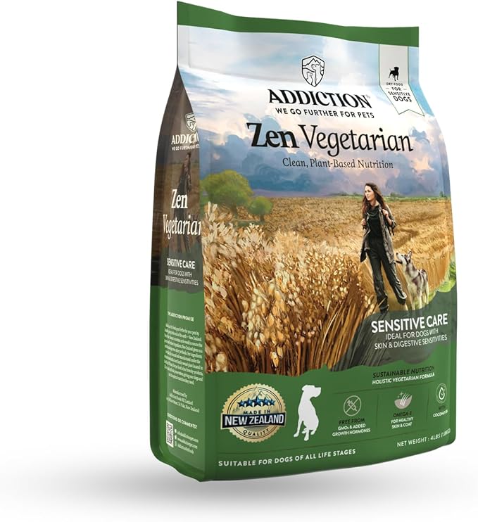 Addiction Zen Vegetarian Dry Dog Food, Rich in Isoflavones and Antioxidants, Vegetarian Dog Food, Crafted in New Zealand, for All Dog Life Stages 4lb