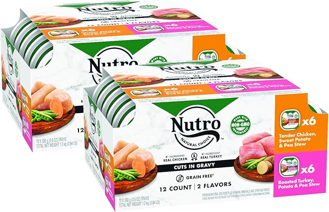 NUTRO Adult Natural Grain Free Wet Dog Food Cuts in Gravy Tender Chicken, Sweet Potato & Pea Stew Recipe and Roasted Turkey, Potato & Pea Stew Recipe Variety Pack, 3.5 oz. Trays (Pack of 24)