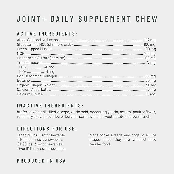 Joint+ Joint Care Dog Supplement Chews, 90 Soft Chews, Chicken Flavor, Supports Joint & Mobility Health, with Green Lipped Mussels, PhD Animal Nutritionist Formulated, Produced in USA