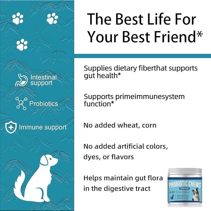Probiotics for Dogs, Dog Digestive Support & Gas Relief, Dog Gut Health, Bad Breath, Allergies, Constipation, Diarrhea, Contains Probiotics, Prebiotics, Papaya Powder, Krill oi, 120 Chews for Dog