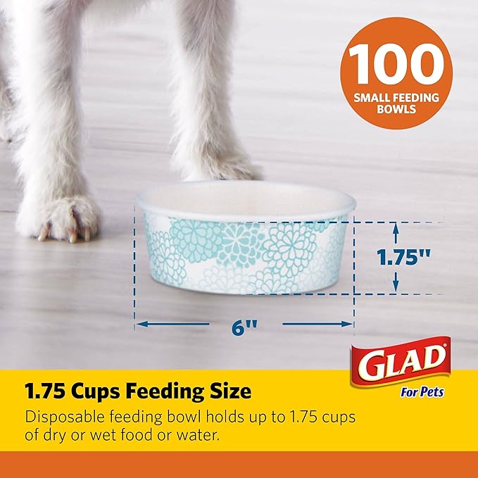 Glad for Pets Disposable Feeding Bowls | Small Disposable Dog Bowls in Assorted Designs| 1.75 Cup Feeding Size, 200 Count - Dog Bowls are Great for Dry and Wet Dog Food or Water