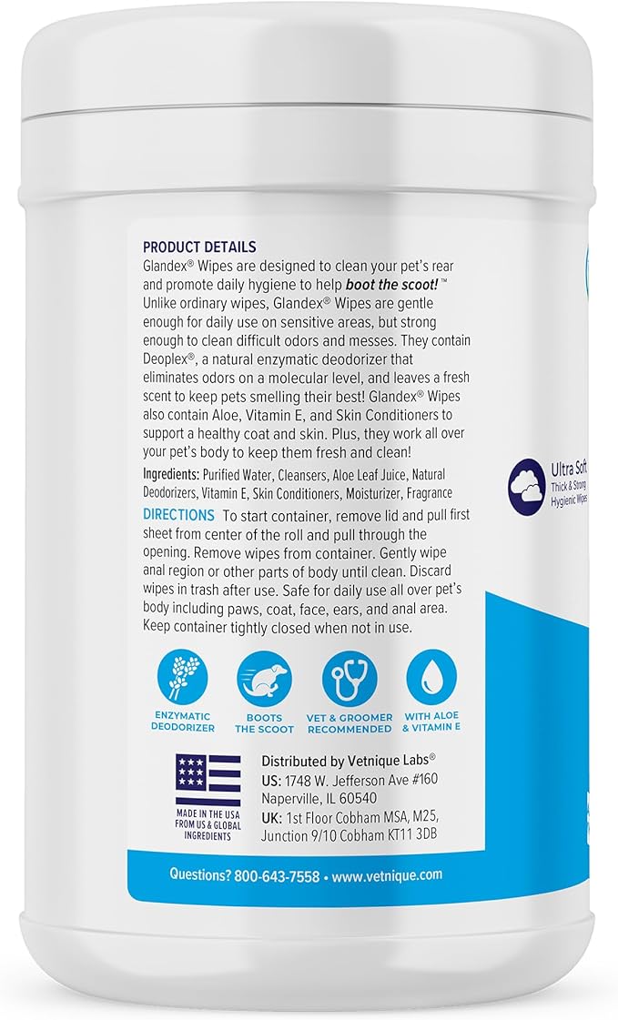 Vetnique Labs Glandex Dog Wipes for Pets Cleansing & Deodorizing Anal Gland Hygienic Wipes for Dogs & Cats with Vitamin E, Skin Conditioners and Aloe (450ct)
