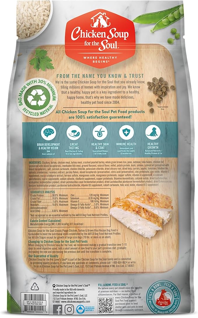 Chicken Soup For The Soul Pet Food Classic Dry Puppy Food, Chicken, Turkey & Brown Rice Recipe, 4.5 Pound Bag | Soy Free, Corn Free, Wheat Free, Dry Dog Food Made with Real Ingredients
