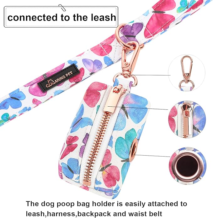 ARING PET Dog Waste Bag Dispenser, Cotton Doggy Poop Bags Holders Attach to Any Leashes, Portable Washable Butterfly Pattern Pet Waste Pouch Dispenser with Metal Zipper