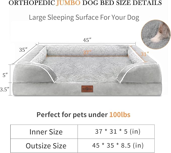 Cooling Dog Bed, Orthopedic Memory Foam Dog Bed, Jumbo Dog Bed for Extra Large Dogs, Jumbo Breed Dog Bed, Waterproof Dog Bed with Bolster & Removable Cover(Jumbo,Light Grey)