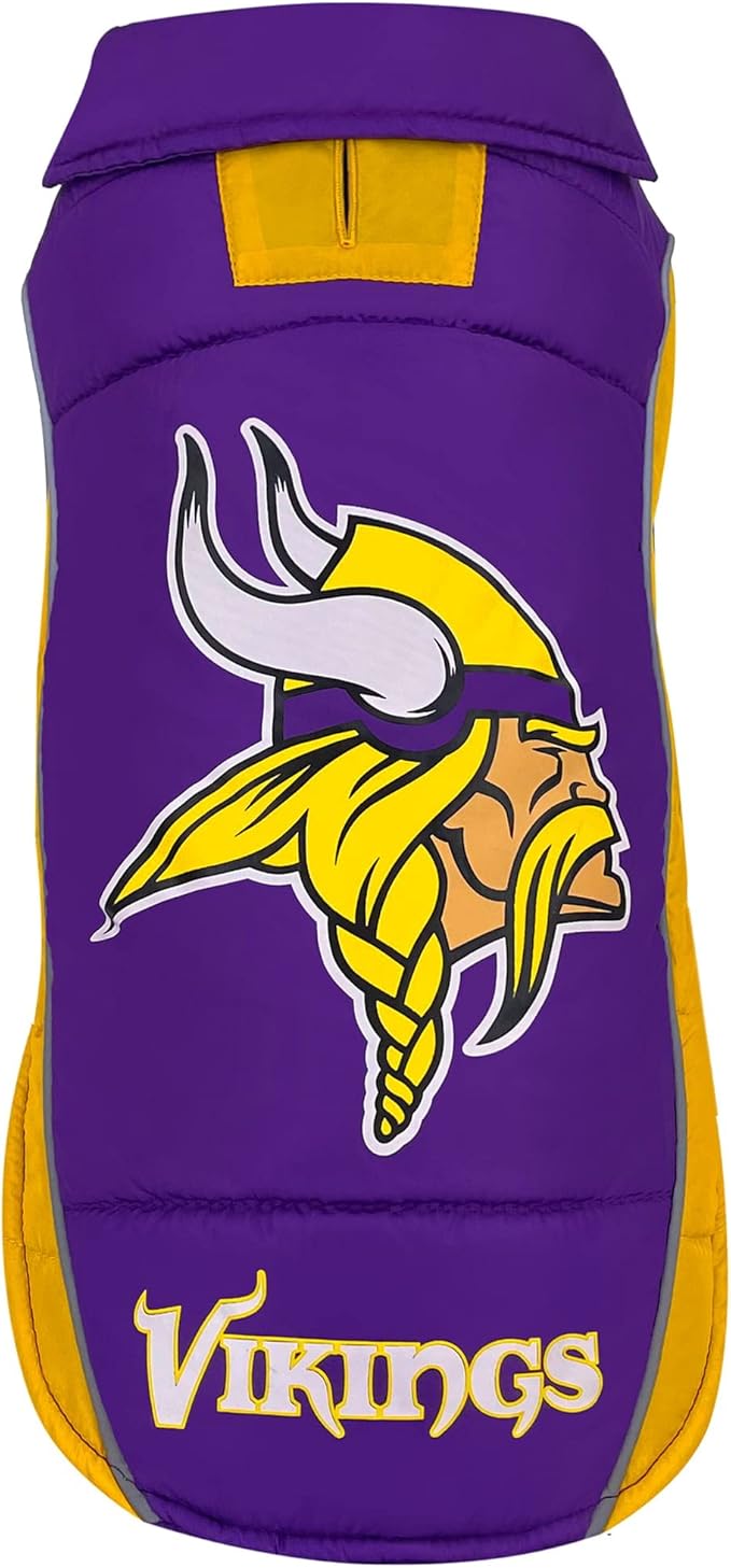 NFL Minnesota Vikings Puffer Vest for Dogs & Cats, Size Medium. Warm, Cozy, and Waterproof Dog Coat, for Small and Large Dogs/Cats. Best NFL Licensed PET Warming Sports Jacket