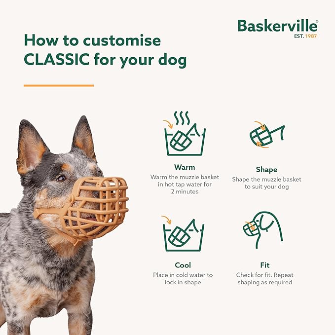 BASKERVILLE CLASSIC BASKET MUZZLE - Dog can Pant and Drink, Prevents Biting and Food Waste Scavenging, Strong TPR, Ideal for Longer Nosed Dogs, Breathable Dog Training Muzzle for Medium Dogs (Size 5)