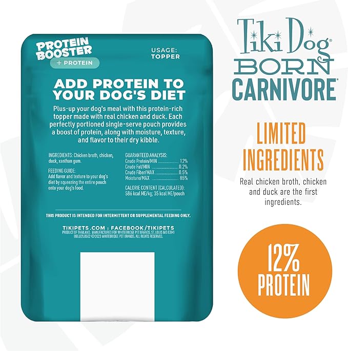 Tiki Dog Born Carnivore Protein Booster Dog Food Topper, Chicken and Duck Recipe in Broth, 2.1 oz. Pouch (12 Count)