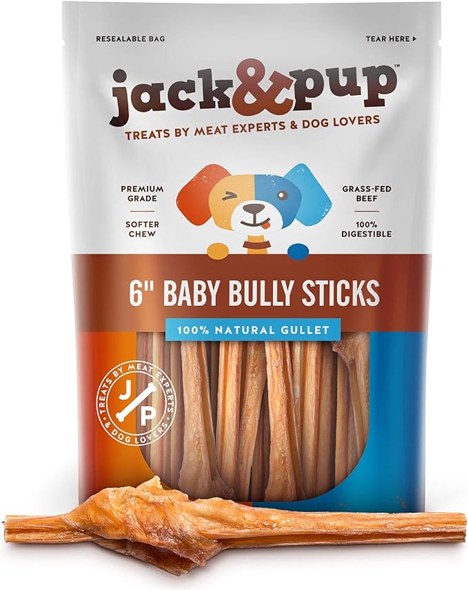 Jack&Pup Bully Sticks for Small Dogs - 6 Inch Baby Bully Stick Dog Chew (25 Pack) 6” Long Premium Grade All Natural Gourmet Puppy Treat Chews - Great for Teething Puppies