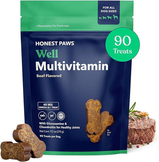 Honest Paws Dog Multivitamin Soft Chews - Joint Flexibility Mobility Support - Soft Shiny Healthy Coat - Immune, Eye, Heart Support - Glucosamine & Chondroitin, Omega-3 Fatty Acids - Beef Flavor