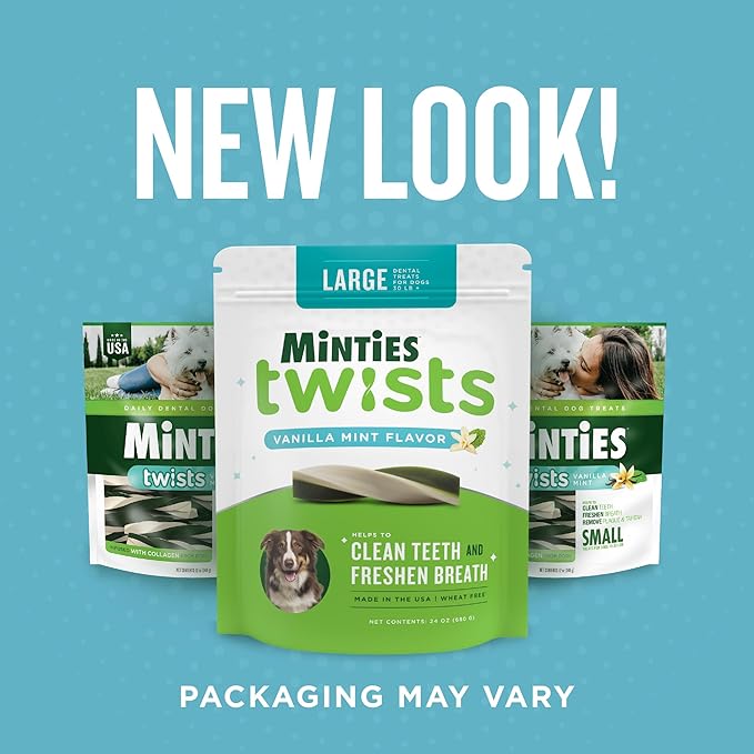 Minties Dental Twists for Dogs, Vet-Recommended Vanilla-Flavored Dental Chews for Medium/Large Dogs over 40 lbs, Dental Treats Clean Teeth, Fight Bad Breath, and Removes Plaque and Tartar, 24 oz