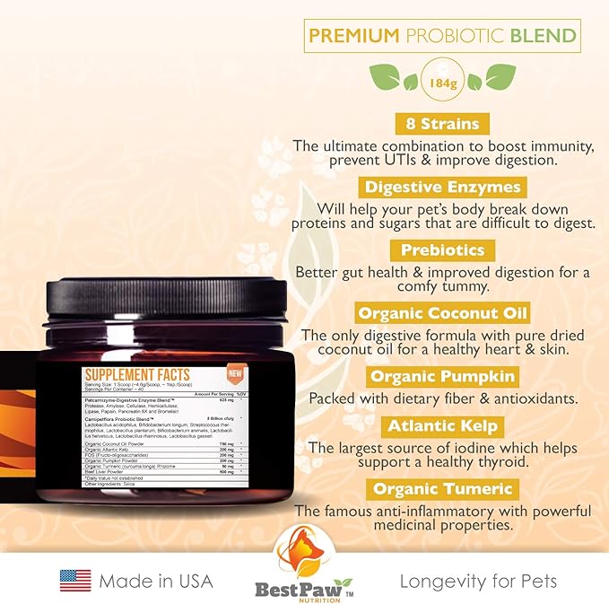 Probiotics for Dogs & Cats with Prebiotics & Digestive Enzymes Best for Gas Diarrhea UTI & Yeast Infection Relief Grain Free Powder Supplement Organic Coconut Oil Pumpkin & Turmeric Made in The USA