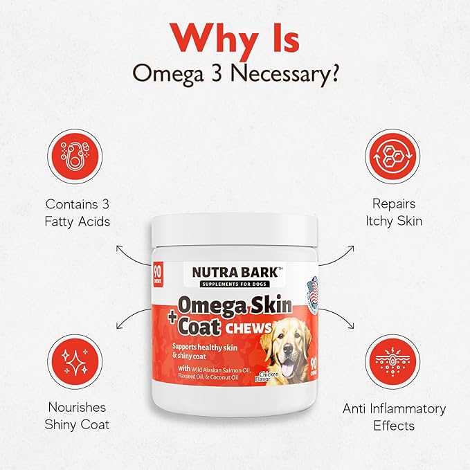 Omega Skin + Coat Chews for Dogs | with Wild Alaskan Salmon Oil | Flaxseed Oil | Coconut Oil | for Healthy Skin and Coat | Itch Relief for Dogs with Allergies | 90 Soft Chews