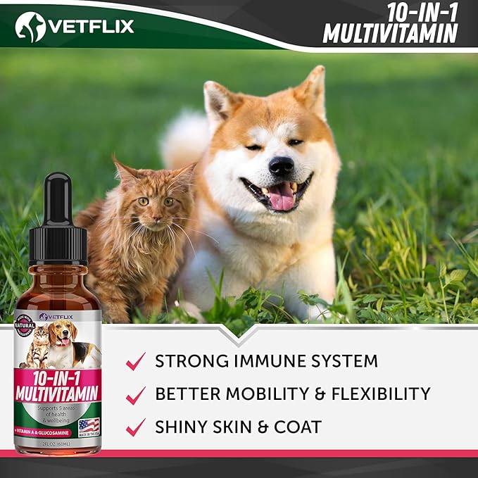 Pet Vitamins 10-in-1 Made in USA - Natural Glucosamine for Dogs & Cats, Essential Multivitamin Blend for Pet Joint Health, Longevity, Gut & Immune Health - All Ages, Breeds and Sizes 2 fl oz