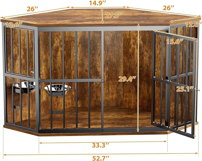 ROOMTEC 53 inch Furniture Dog Crate Corner, Dog Kennel Corner Wooden End Table with Bowl, Indoor Pet Crates Corner Side Table for Dogs, Wide Top Perfect for Limited Room