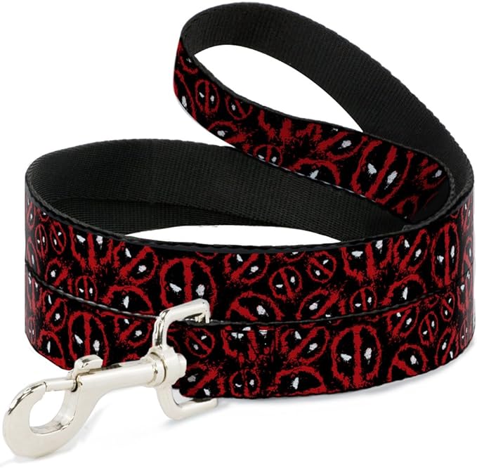Marvel Comics Pet Leash, Dog Leash, Deadpool Splatter Logo Scattered Black Red White, 6 Feet Long 1.5 Inch Wide