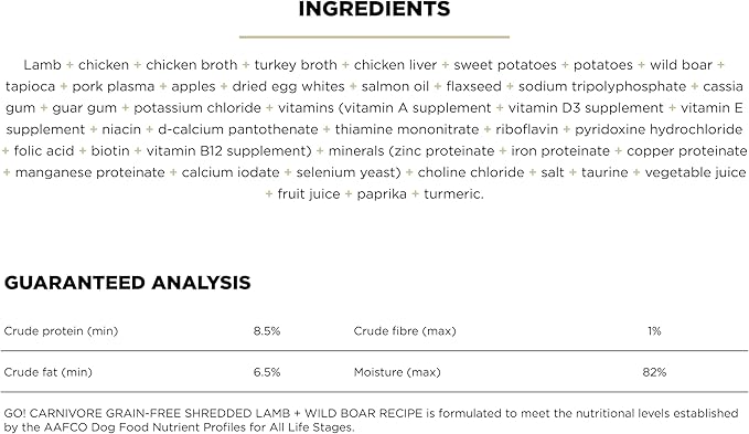 GO! SOLUTIONS Carnivore Protein Rich Wet Dog Food - Grain Free Shredded Lamb and Wild Boar - Complete & Balanced Nutrition for All Life Stages, 12.5 oz (Pack of 6)