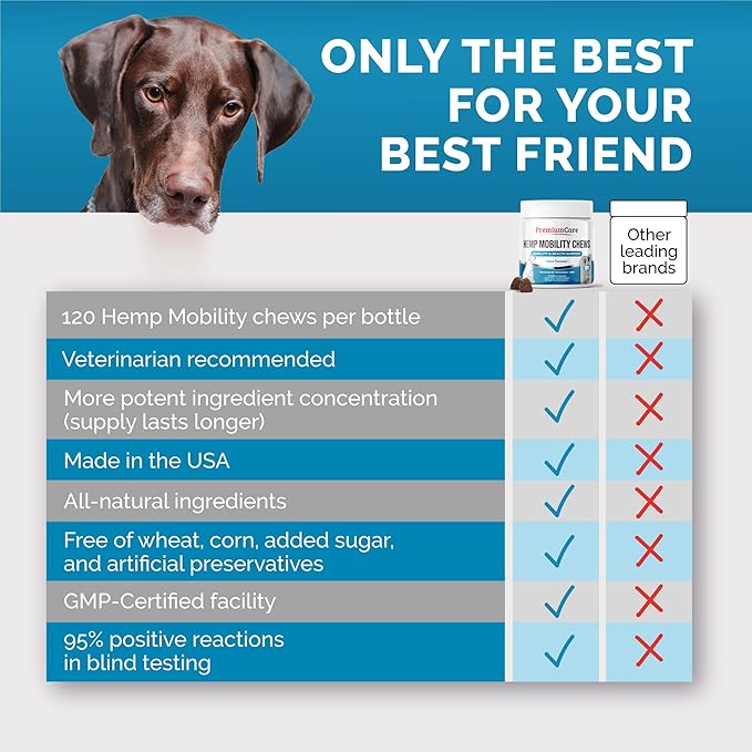 Premium Care Glucosamine Chews for Dogs with Hemp - Hip and Joint Health Supplement for Mobility Support - Dog Glucosamine Chews with Hemp for Dogs- 120 Hemp Treats