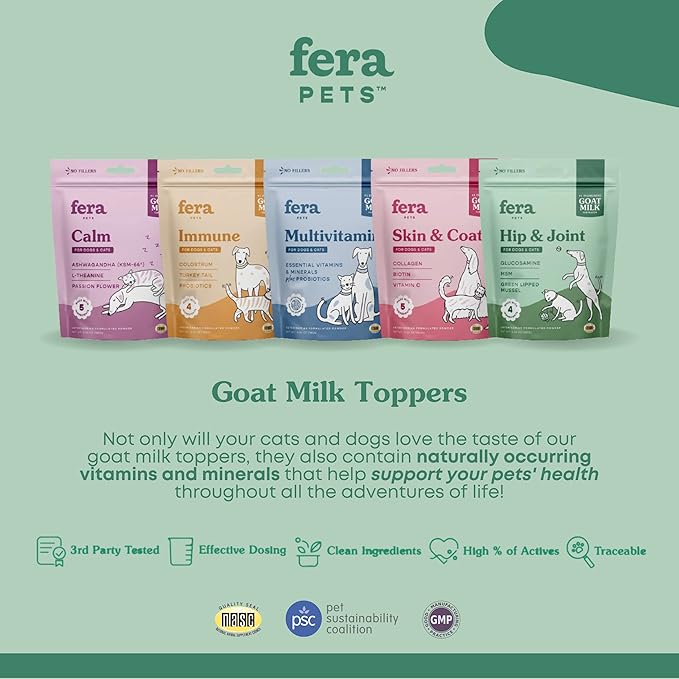 Fera Pets Hip & Joint Goat Milk Cat & Dog Food Topper – Vet Created - Joint Supplement for Dogs & Cats – Glucosamine for Dogs & Cats, MSM- 60 Servings