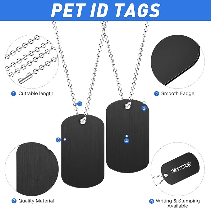 200Pcs Military Dog Tags, Rectangle Blank Metal Stamping Tags Set Including 100Pcs Aluminum Blank Dog Tags 100Pcs Ball Steel Chains Personalized Pets Tags for DIY Decorative Craft (Black)