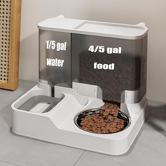 Automatic Cat Food Water Dispenser Gravity Pet Self Feeder Dry Food Bowl and Watering Supplies Dispenser for Indoor Small Medium Dog Puppy Kitten 2 in 1 (GREY)