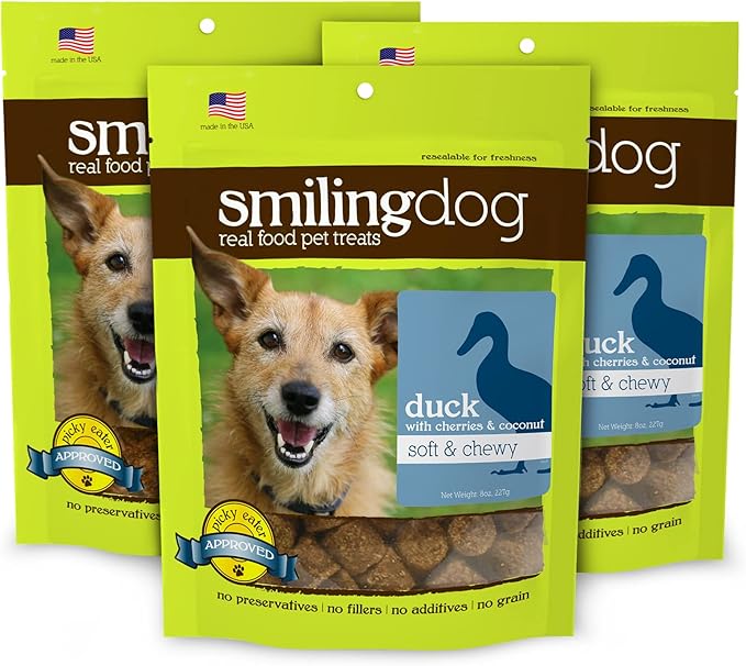 Herbsmith Smiling Dog Treats - Soft and Chewy Dog Treats for Senior Dogs – Dog Training Treats - Soft Duck Dog Treats with Cherries & Coconut - Bundle of 3