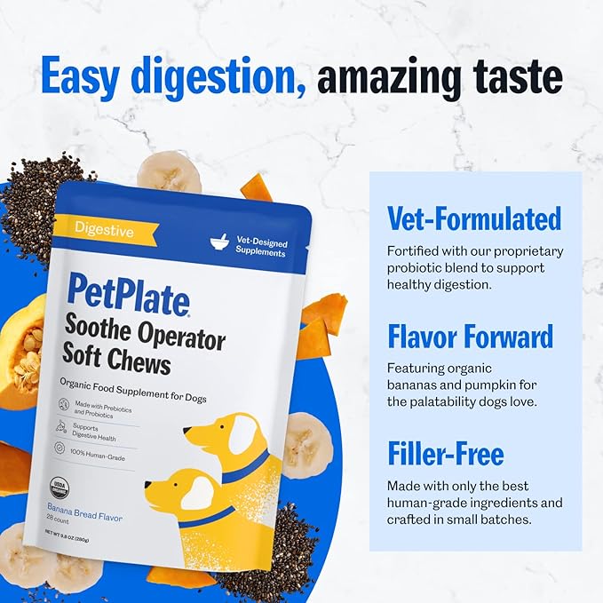 PetPlate Digestive Soft Chews for Dogs, Made with Prebiotics & Probiotics, USDA Organic Supplement, Grain-Free, Human-Grade, Pet Supplies, (Pack of 1, 9.8 Ounce)