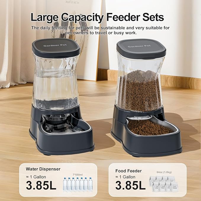 Automatic Dog Water Dispenser Gravity Stainless Steel Water Waterer & Food Feeder Set, Large Capacity Feeding Bowls for Medium & Large-Sized Dogs Cats Other Pets -(1 Gallon x2)